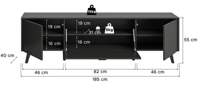Lowboard grau matt, ca. Maße 185×55×40 cm, Innenfächer hinter Türen