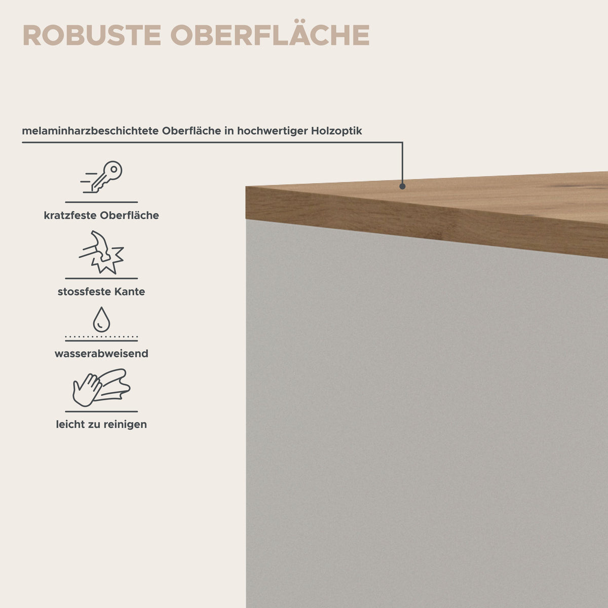 Deckplatte der Schuhkommode in Holzoptik, robuste Oberfläche und abgerundete Kante
