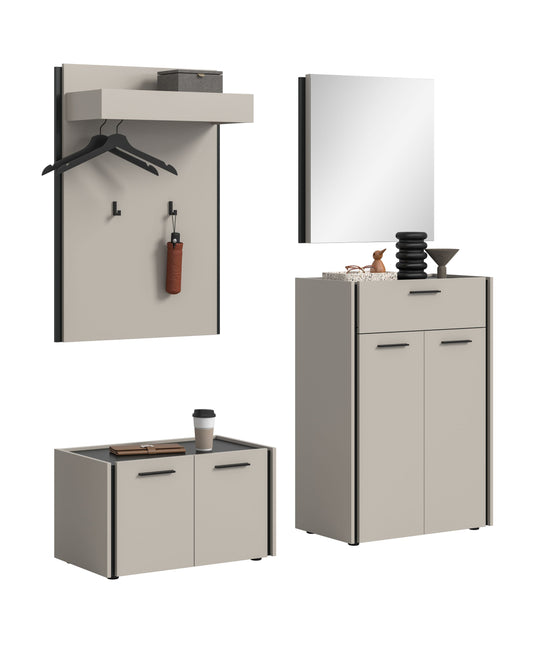 Garderobenset 4-teilig: Paneel mit Haken, Sitzbank und Schrank mit Spiegel