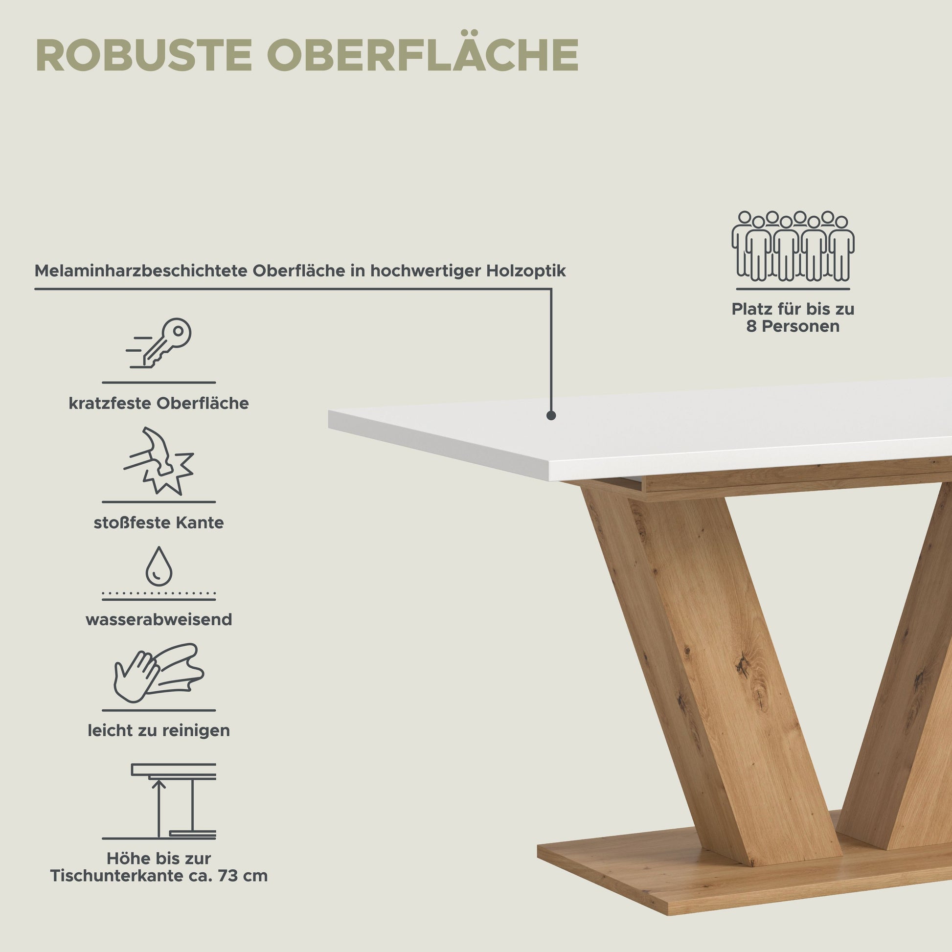 Esstisch mit X-Gestell, weiße Tischplatte und helles Holzgestell