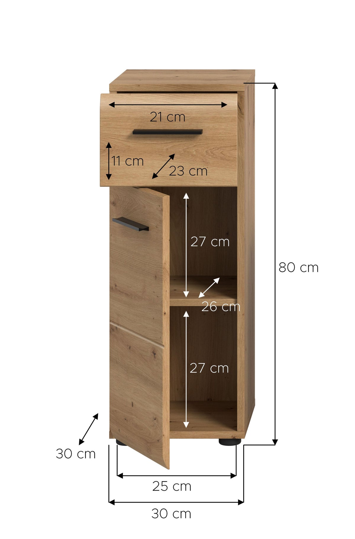 Schmaler Badezimmerschrank aus hellem Holz mit offenem Fach und dunklem Einsatz.