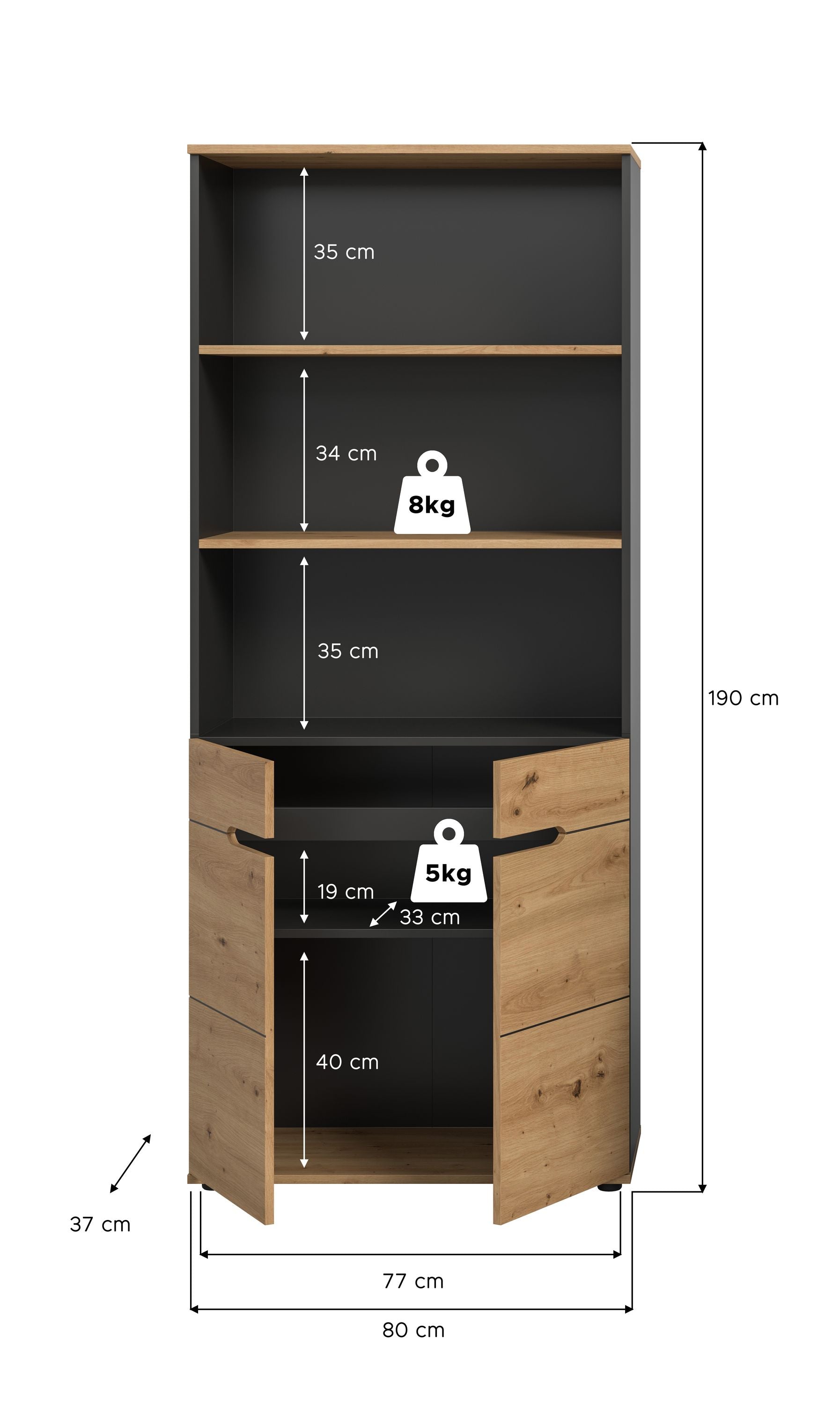 Aktenschrank mit Regal in Holzoptik und Anthrazit, Maße und Gewichtsangaben sichtbar