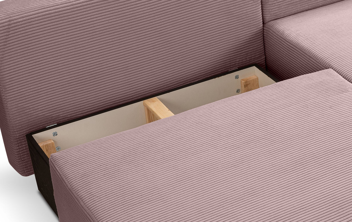 Schlafsofa mit Cordbezug, geöffnete Liegefläche mit Holzleisten und Polsterkanten