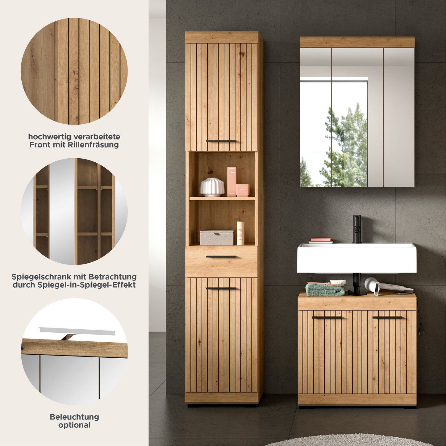 Badezimmerset 3-tlg. im Detail: Hochschrank mit Front in Rillenoptik und Spiegelfläche