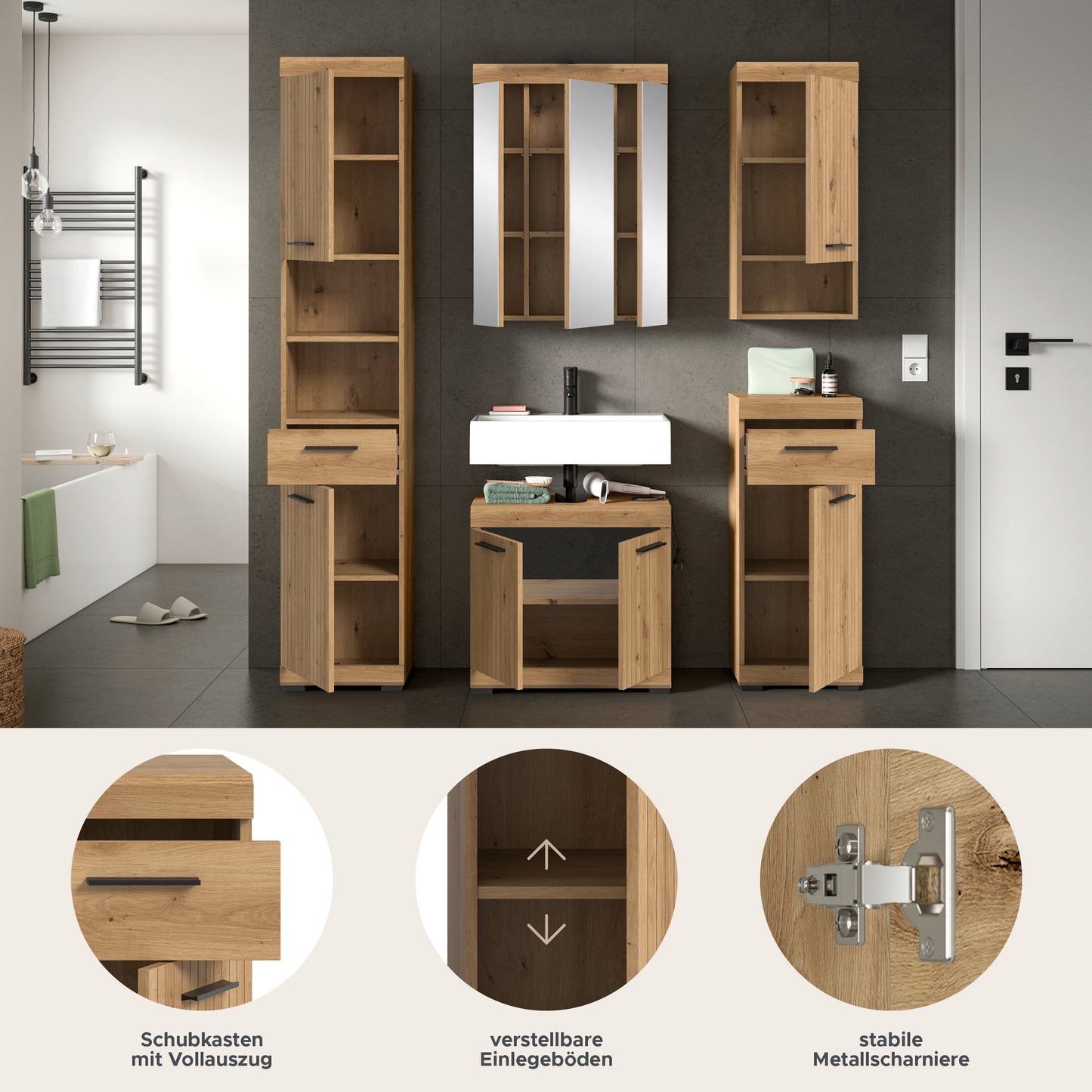 Badezimmerset mit Details: Schubkasten, verstellbare Einlegeböden und Metallarmierung