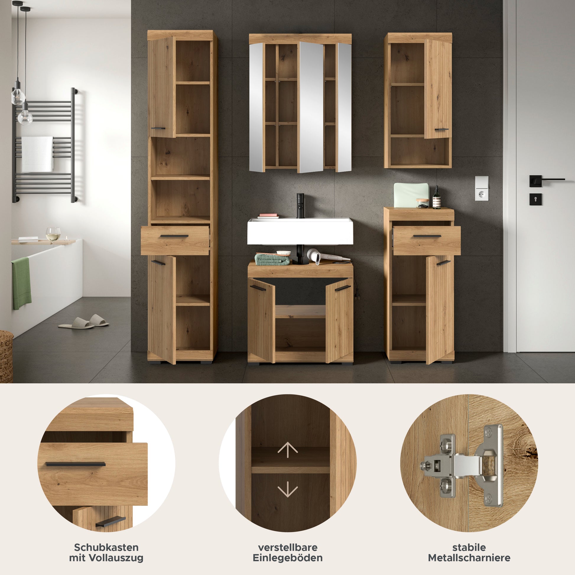 Badezimmerset mit Details: Schubkasten, verstellbare Einlegeböden und Metallarmierung
