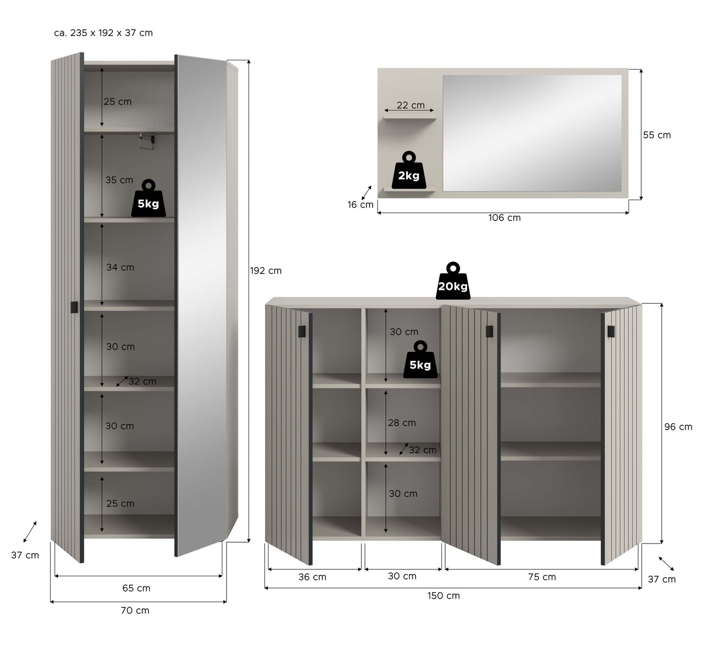 Homes & Jones Garderobe 3-tlg. Garderoben Set, Flurmöbel-Dielenmöbel