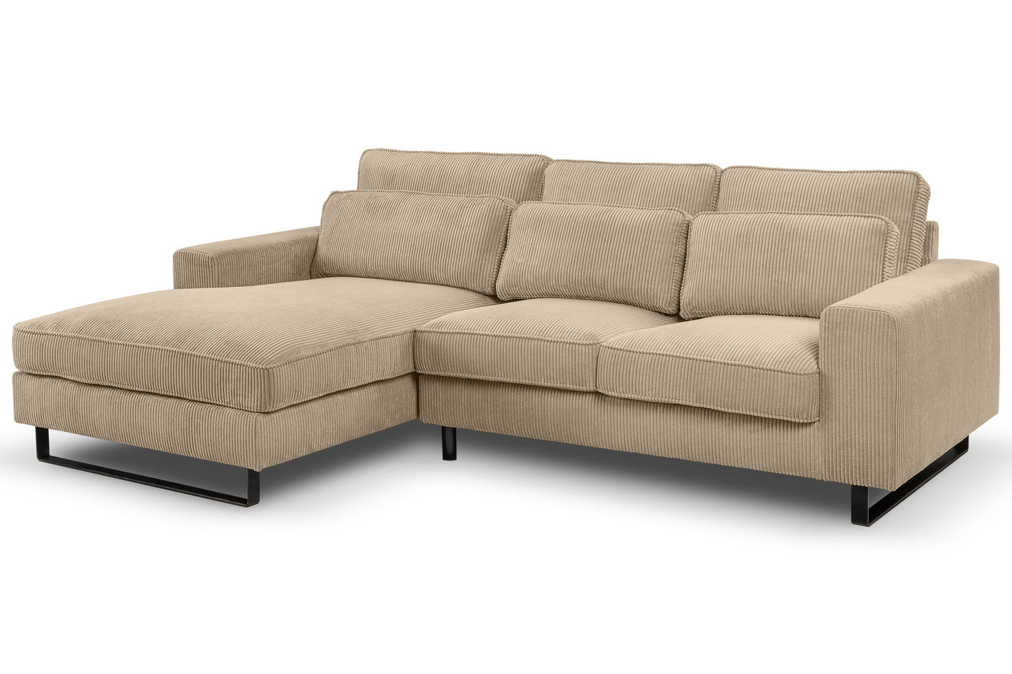 Ecksofa mit Recamiere, beige Cord-Stoffbezug, gepolsterte Rücken- und Sitzkissen