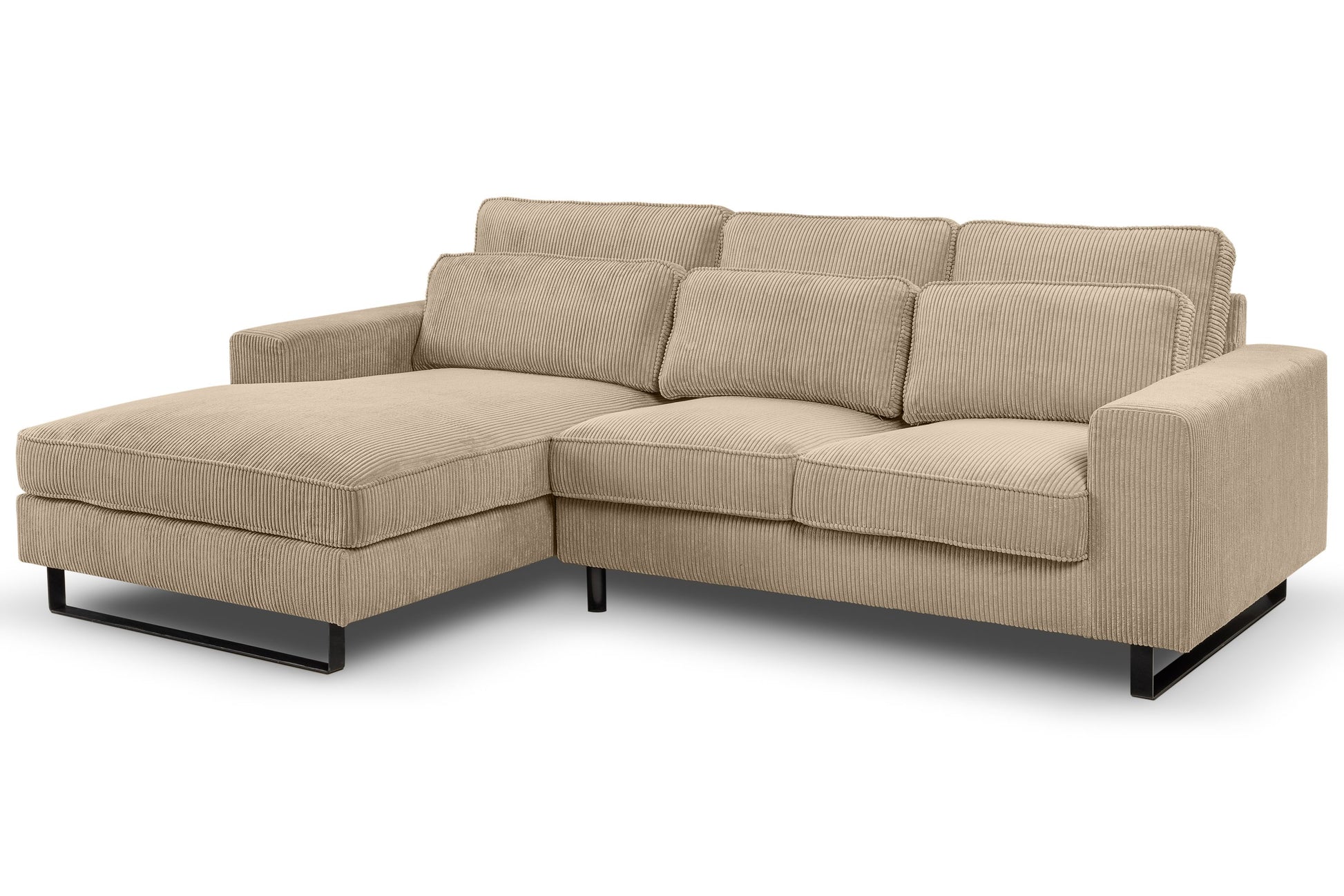 Ecksofa mit Recamiere, beige Cord-Stoffbezug, gepolsterte Rücken- und Sitzkissen