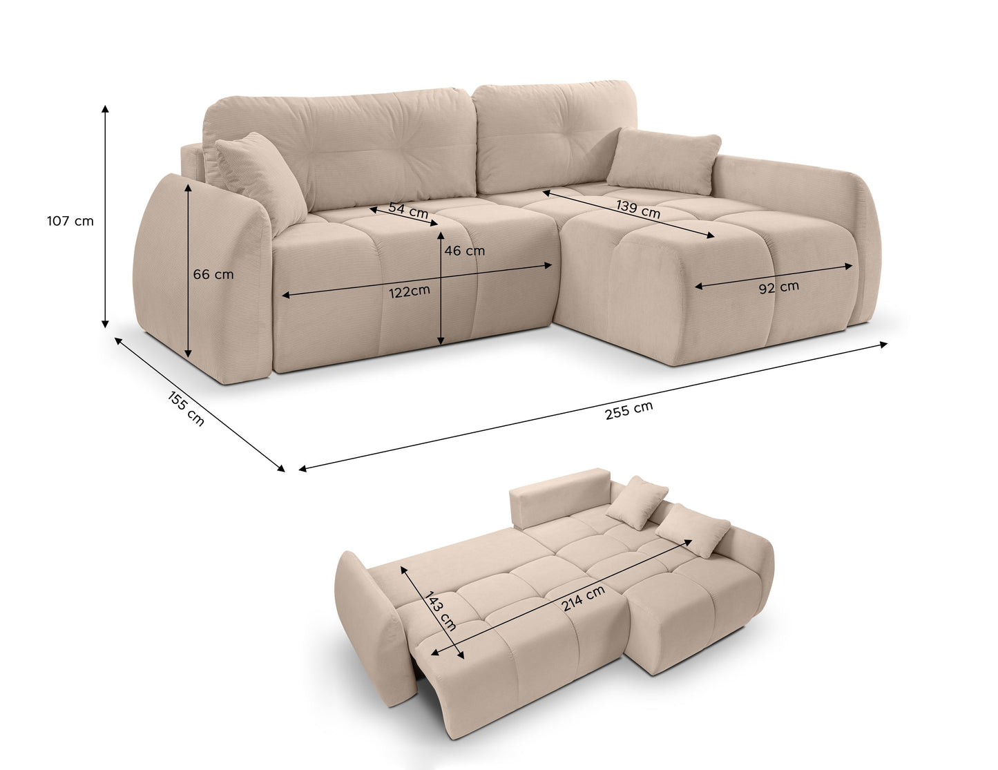 Canapé convertible d'angle Sancho Long – Canapé d'angle tendance en velours côtelé avec fonction couchage
