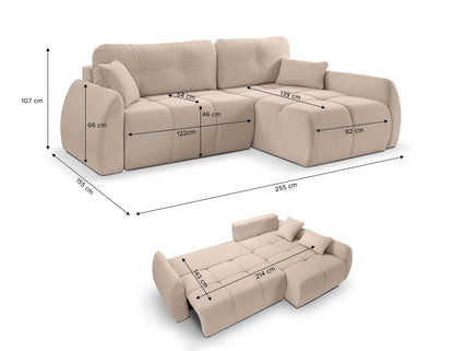 Canapé convertible d'angle Sancho Long – Canapé d'angle tendance en velours côtelé avec fonction couchage