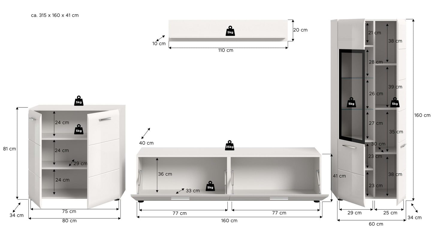 Ensemble mural ICE (L/H/P : env. 315/160/41 cm) en blanc/blanc brillant