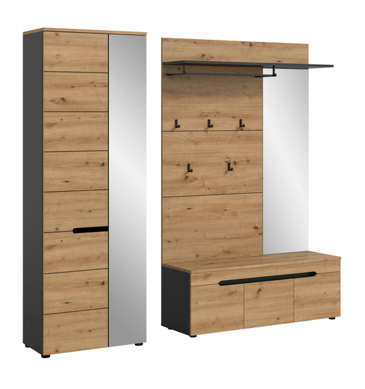 Garderobenset mit Spiegelschrank, Garderobenpaneel mit Hakenleiste und Sitzbank, Holzdekor
