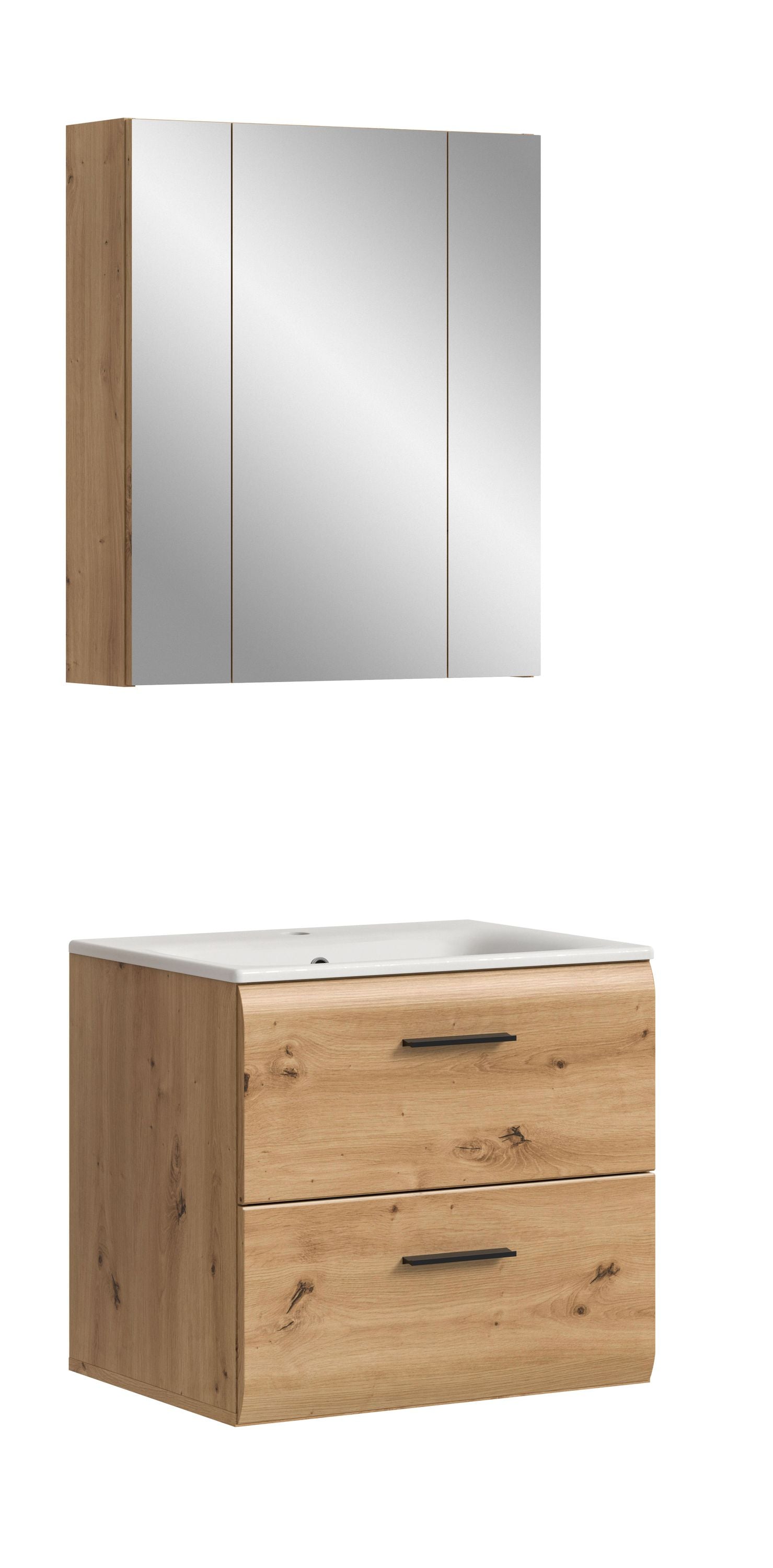 3-teiliges Badmöbel-Set mit Spiegelschrank und Waschtischunterschrank aus hellem Holz