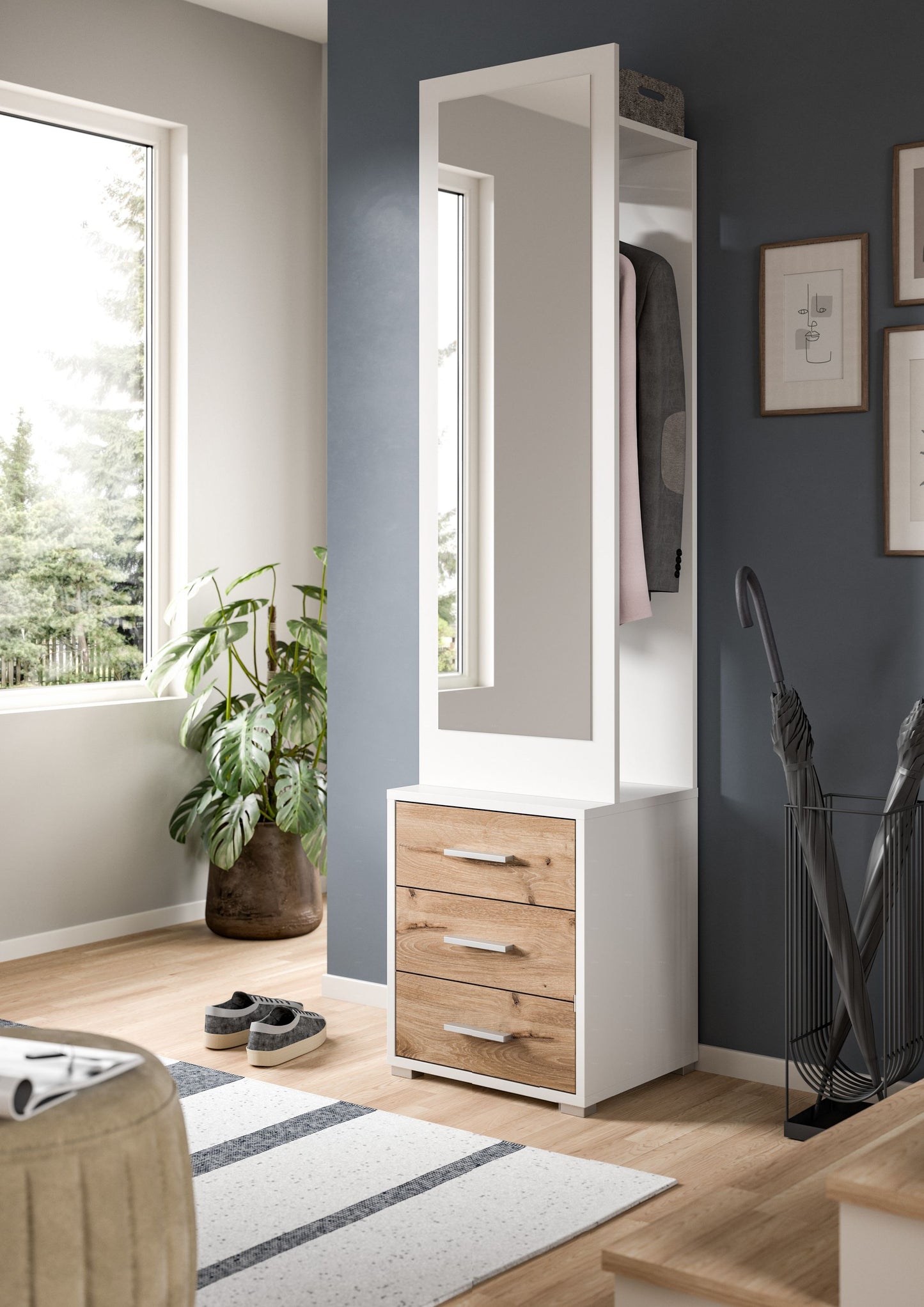 Homes & Jones Garderobe mit Spiegelaufsatz und drei Schubladen, weiß/braun