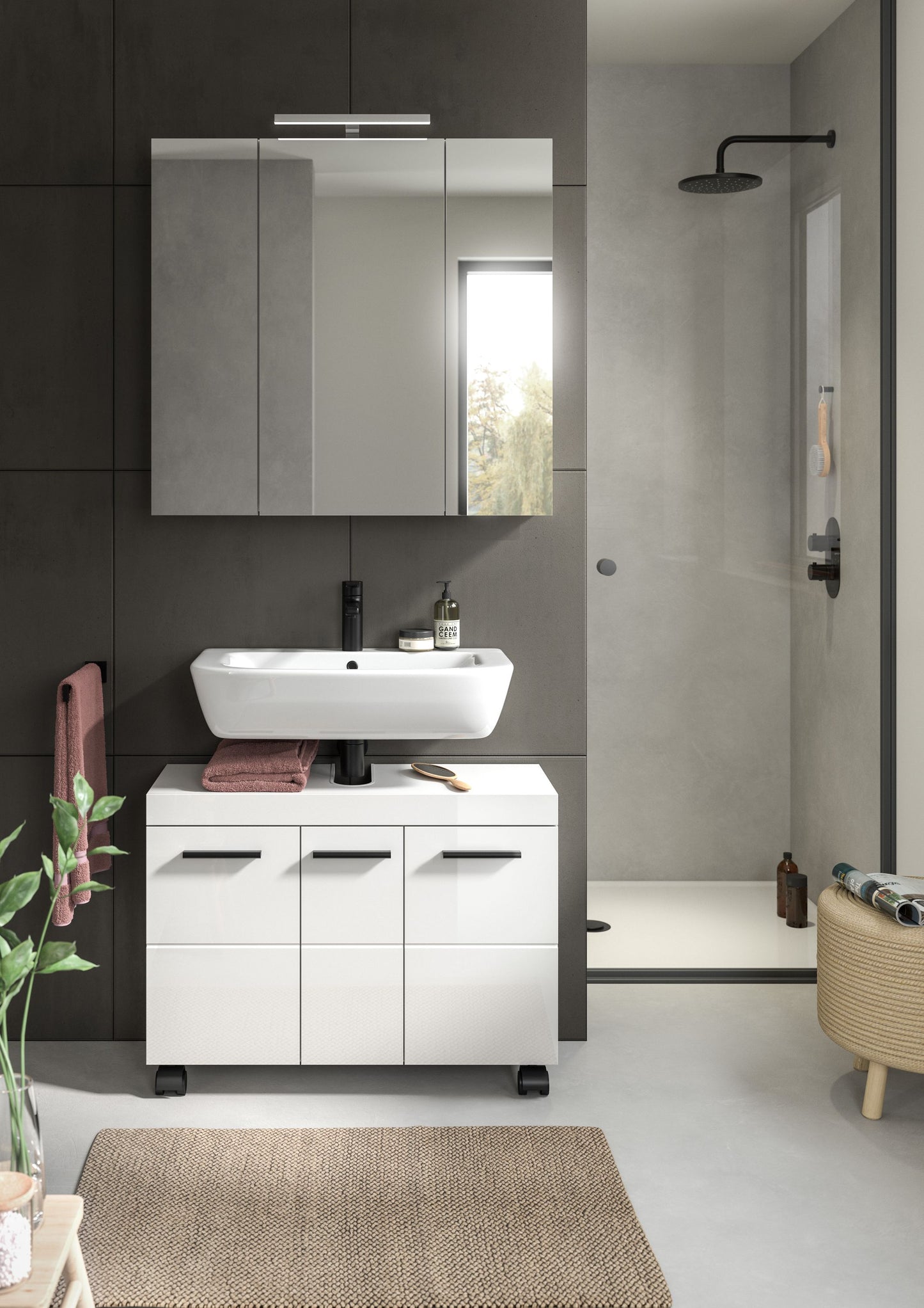 Ensemble de salle de bain avec éclairage NOVA (L/H/P : env. 82/191/30 cm) en blanc/blanc brillant