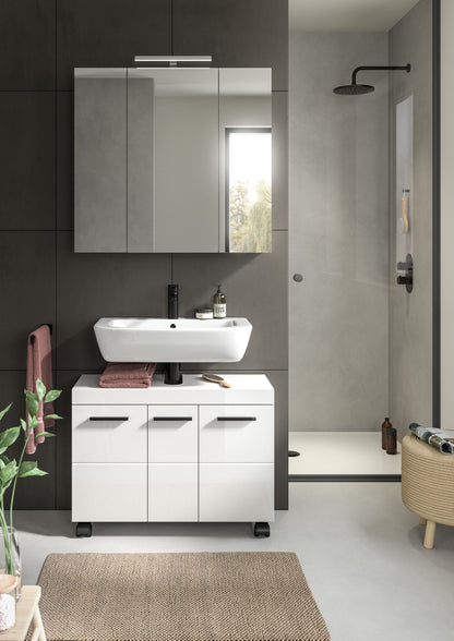 Ensemble de salle de bain avec éclairage NOVA (L/H/P : env. 82/191/30 cm) en blanc/blanc brillant