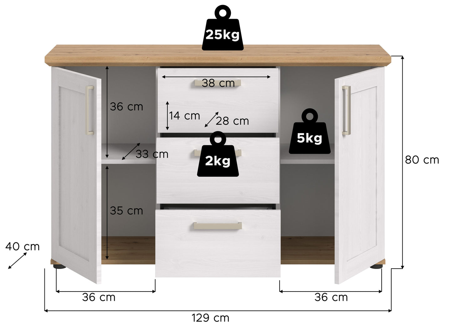 Anrichte mit Holzplatte, Maße 129×80 cm, zwei Türen und Schublade