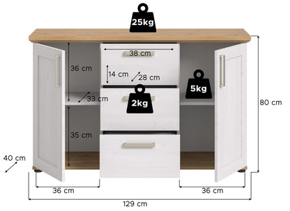 Anrichte mit Holzplatte, Maße 129×80 cm, zwei Türen und Schublade