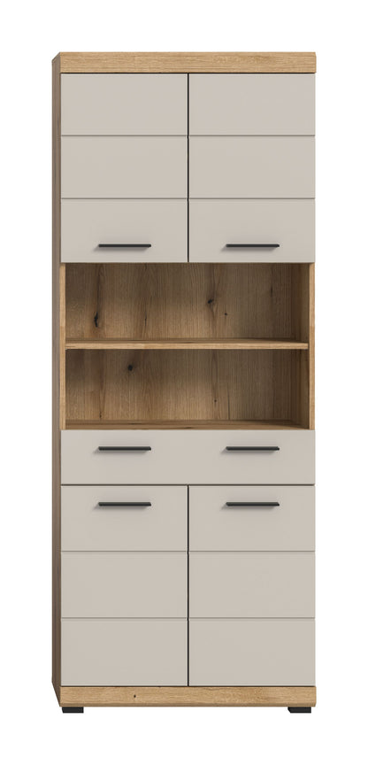 Badhochschrank mit offenen Regalfächern, hellgrauen Fronten und Artisan-Eiche-Korpus
