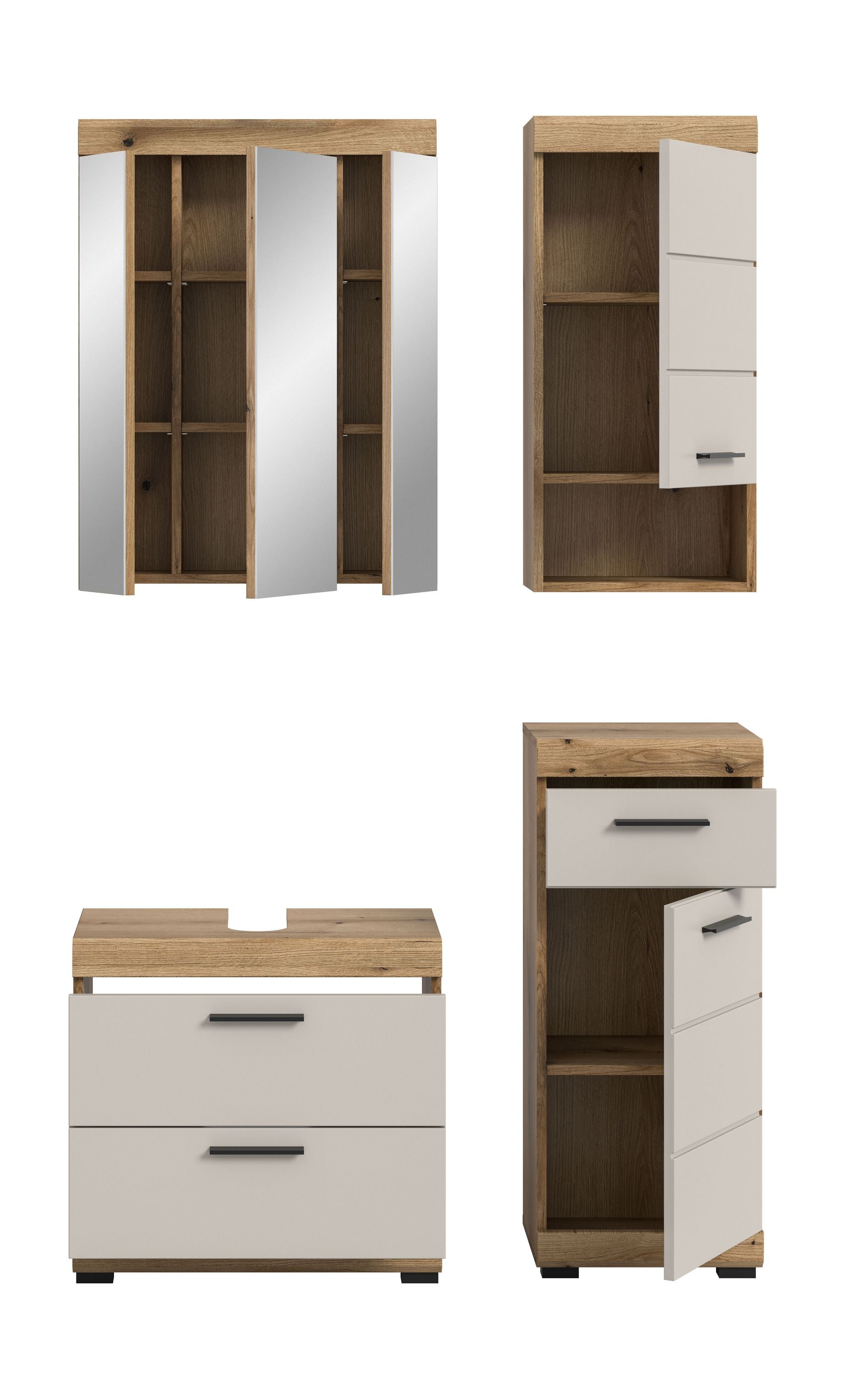 Badezimmerset: Spiegelschrank, Waschtischkommode und Hochschrank in Holzoptik/Weiß