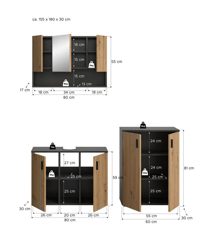 Homes & Jones Badezimmermöbel Set 3-tlg. Badmöbelset mit Badspiegelschrank
