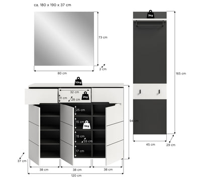 Ensemble de couloir CANU (L/H/P : env. 180/190/37 cm) en gris basalte/vert fumée