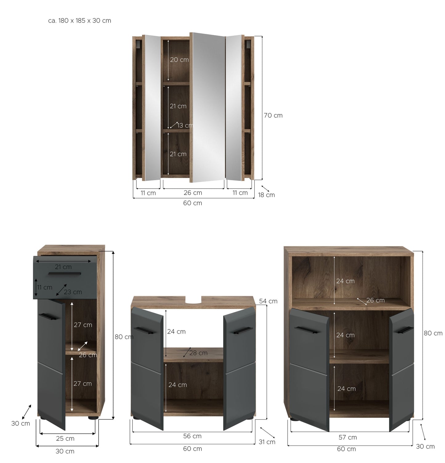Badmöbel-Set (4-tlg.) mit Spiegelschrank und Unterschränken, Holz- und dunkelgraue Fronten
