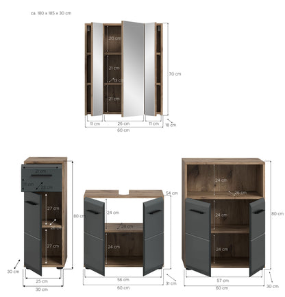 Badmöbel-Set (4-tlg.) mit Spiegelschrank und Unterschränken, Holz- und dunkelgraue Fronten