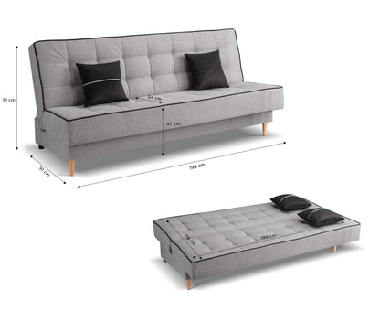 Schlafsofa mit Schlaffunktion, grauer Stoff, zwei schwarze Kissen, Bettansicht