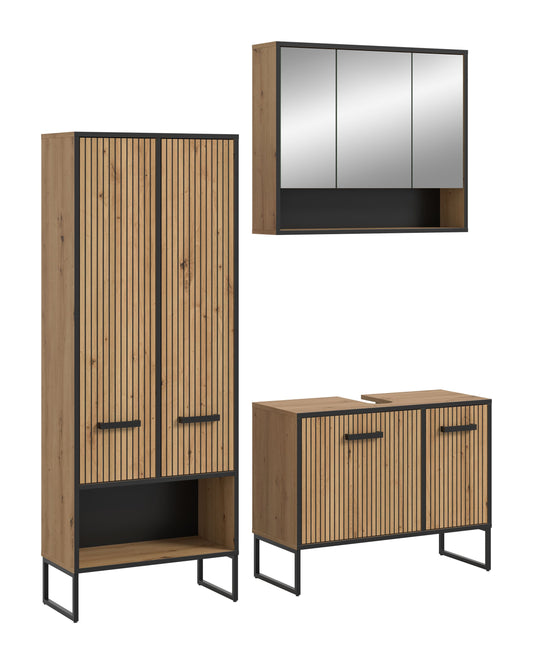 Badmöbel-Set mit Badspiegelschrank, hohem Schrank und Waschtischunterschrank in Holzoptik