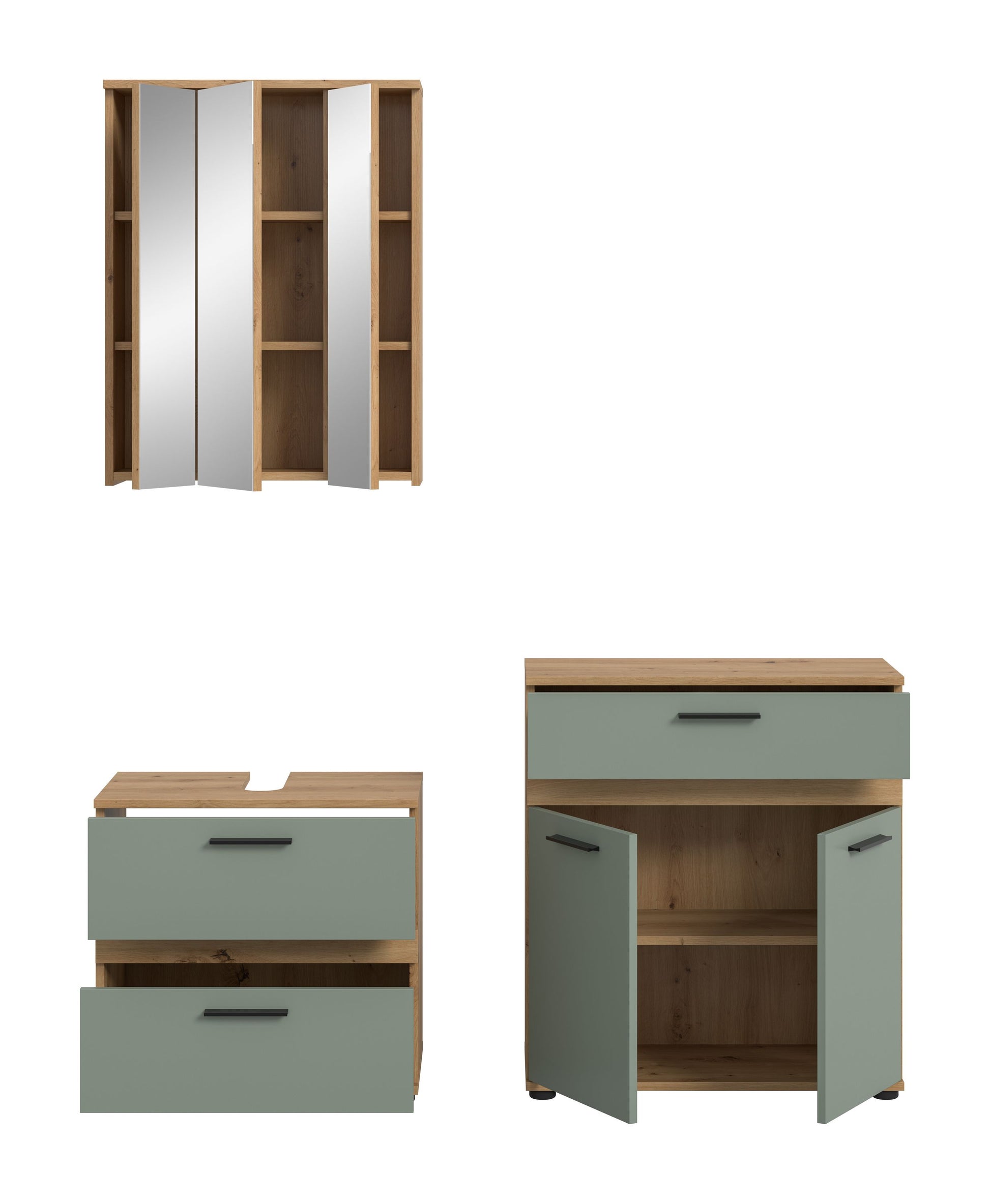 Badmöbel-Set mit geöffnetem Waschtischunterschrank, Stauraumfächer, helles Holz und graugrün