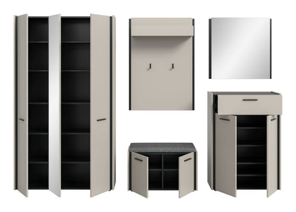 Garderoben-Set 5-tlg. offen: Schrank mit Fächern, Schuhbank mit Sitzkissen, Kommode & Spiegel
