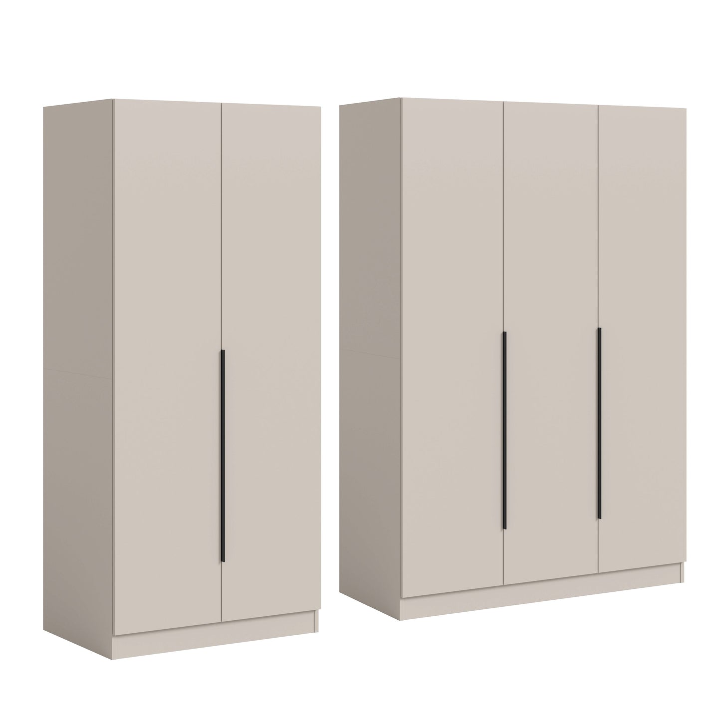 Kleiderschrank in Hellbeige, zwei Elemente im Blick mit geöffneten Frontseiten