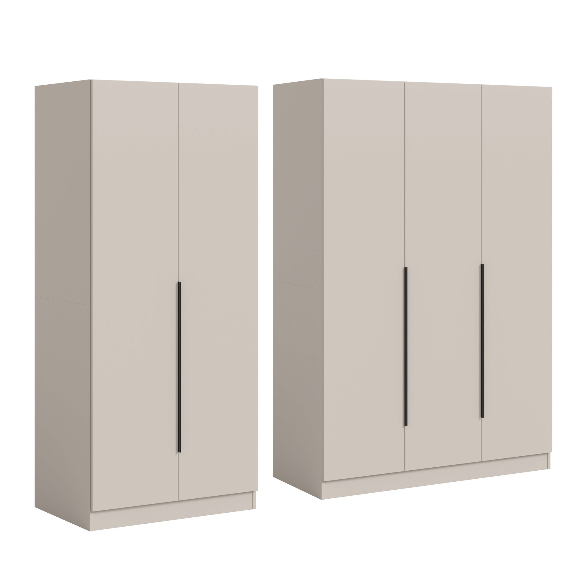 Kleiderschrank in Hellbeige, zwei Elemente im Blick mit geöffneten Frontseiten