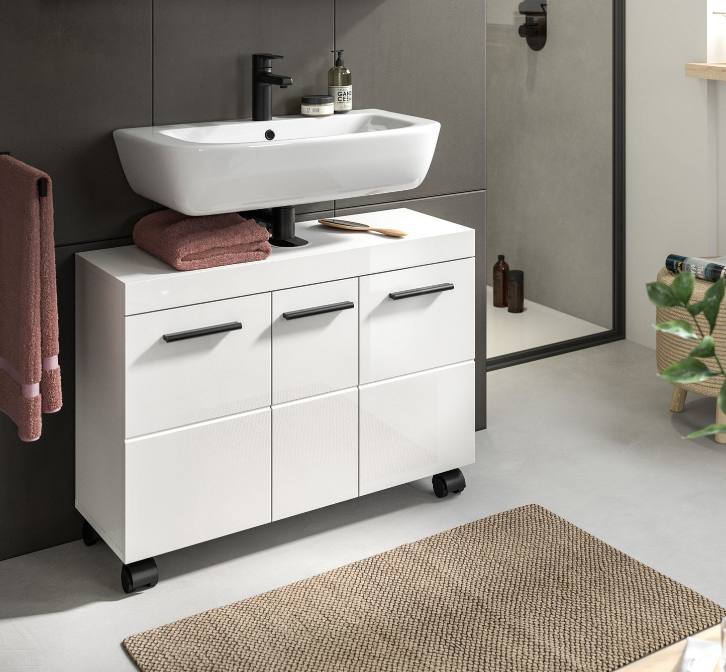 Meuble bas de lavabo sur roulettes NOVA (L/H/P : env. 80/58/30 cm) en blanc/blanc brillant
