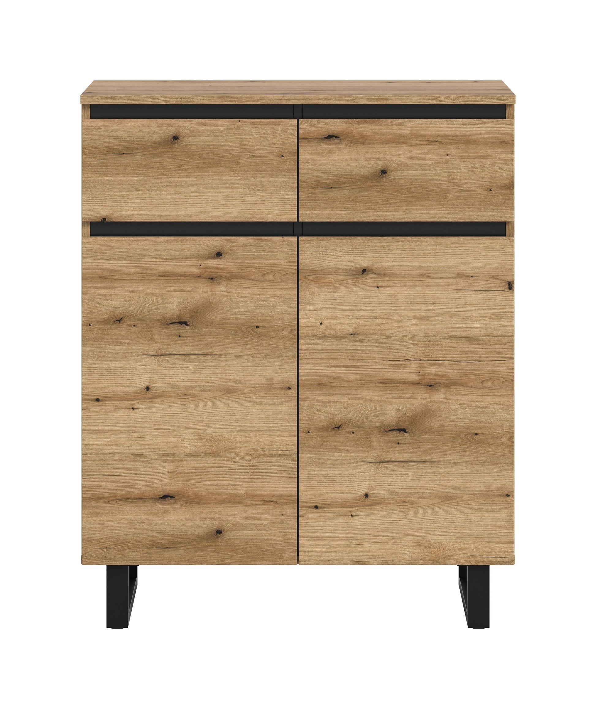Kommode 80 cm Eichefarben mit zwei Schubladen und zwei Türen, schwarze Frontstreifen