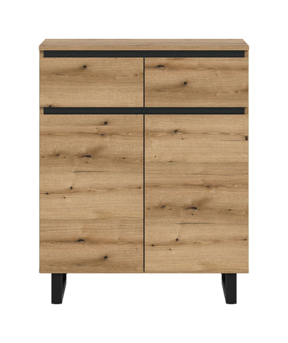 Kommode 80 cm Eichefarben mit zwei Schubladen und zwei Türen, schwarze Frontstreifen