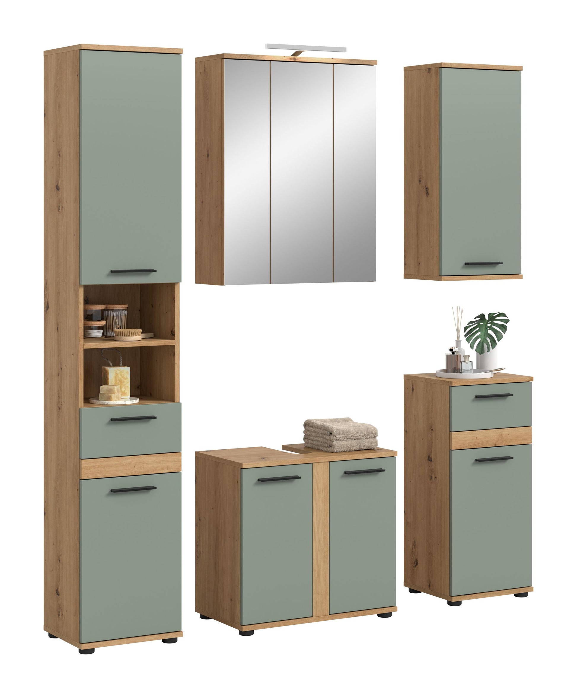 Badezimmermöbel-Set: Spiegelschrank, 2 Hochschränke und Waschtischunterschrank, Holzdekor, grün