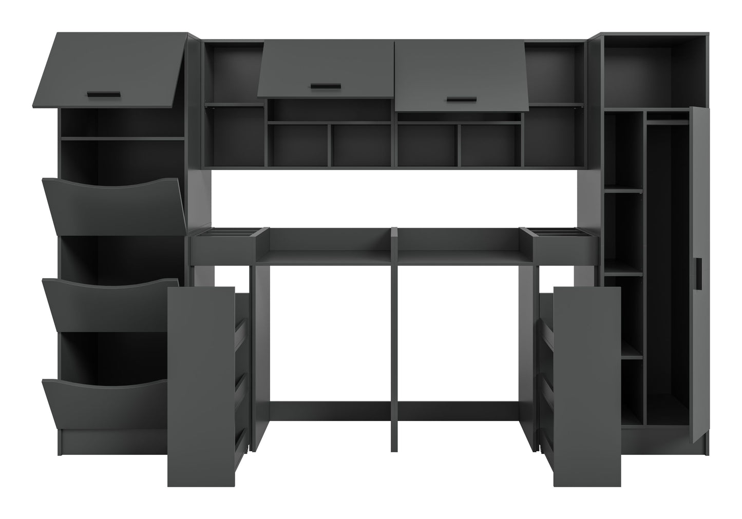 Waschmaschinenschrank-Set dunkelgrau, Front mit großen Türen und offenen Ablagen links und rechts.