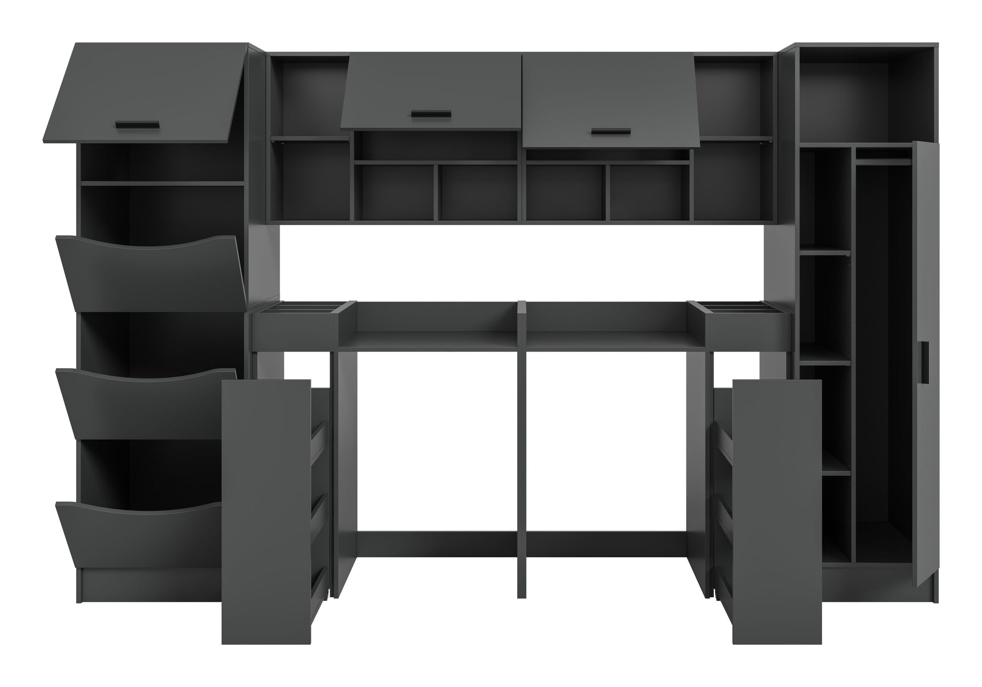 Waschmaschinenschrank-Set dunkelgrau, Front mit großen Türen und offenen Ablagen links und rechts.