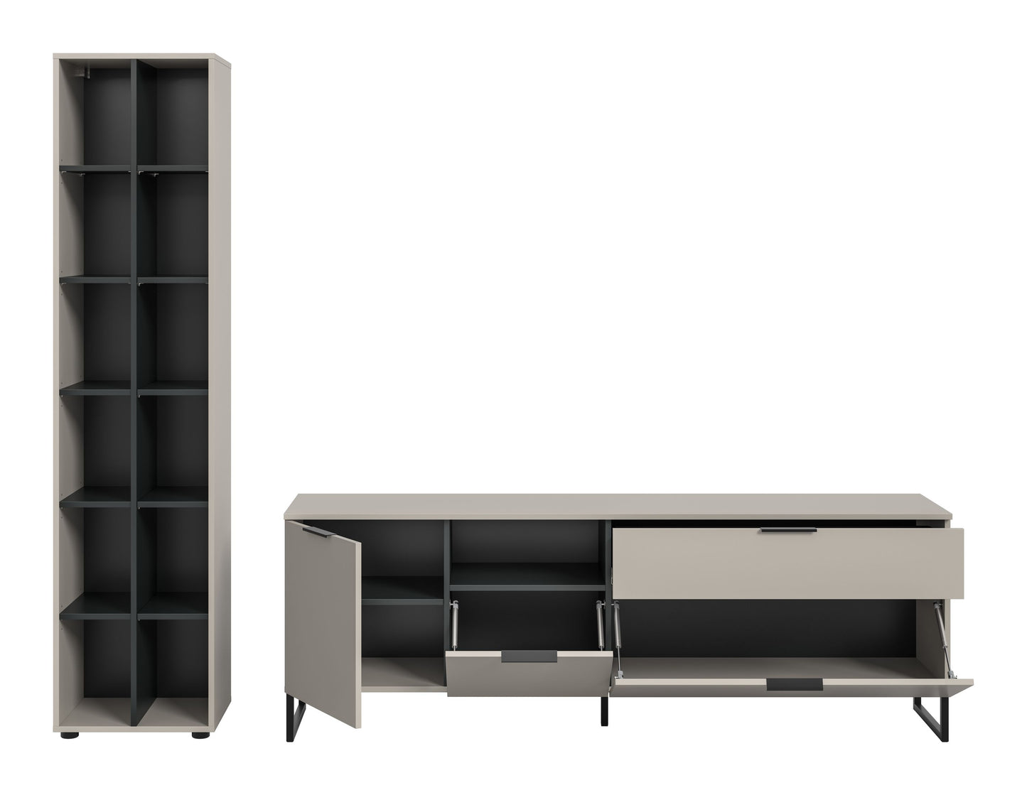Homes & Jones Wohnzimmerschrank-Set: Lowboard teils geöffnet, offene Fächer, kaschmirfarben