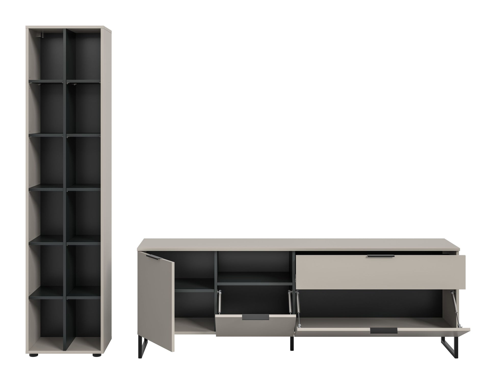 Homes & Jones Wohnzimmerschrank-Set: Lowboard teils geöffnet, offene Fächer, kaschmirfarben