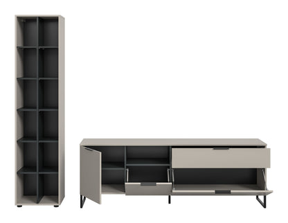 Homes & Jones Wohnzimmerschrank-Set: Lowboard teils geöffnet, offene Fächer, kaschmirfarben