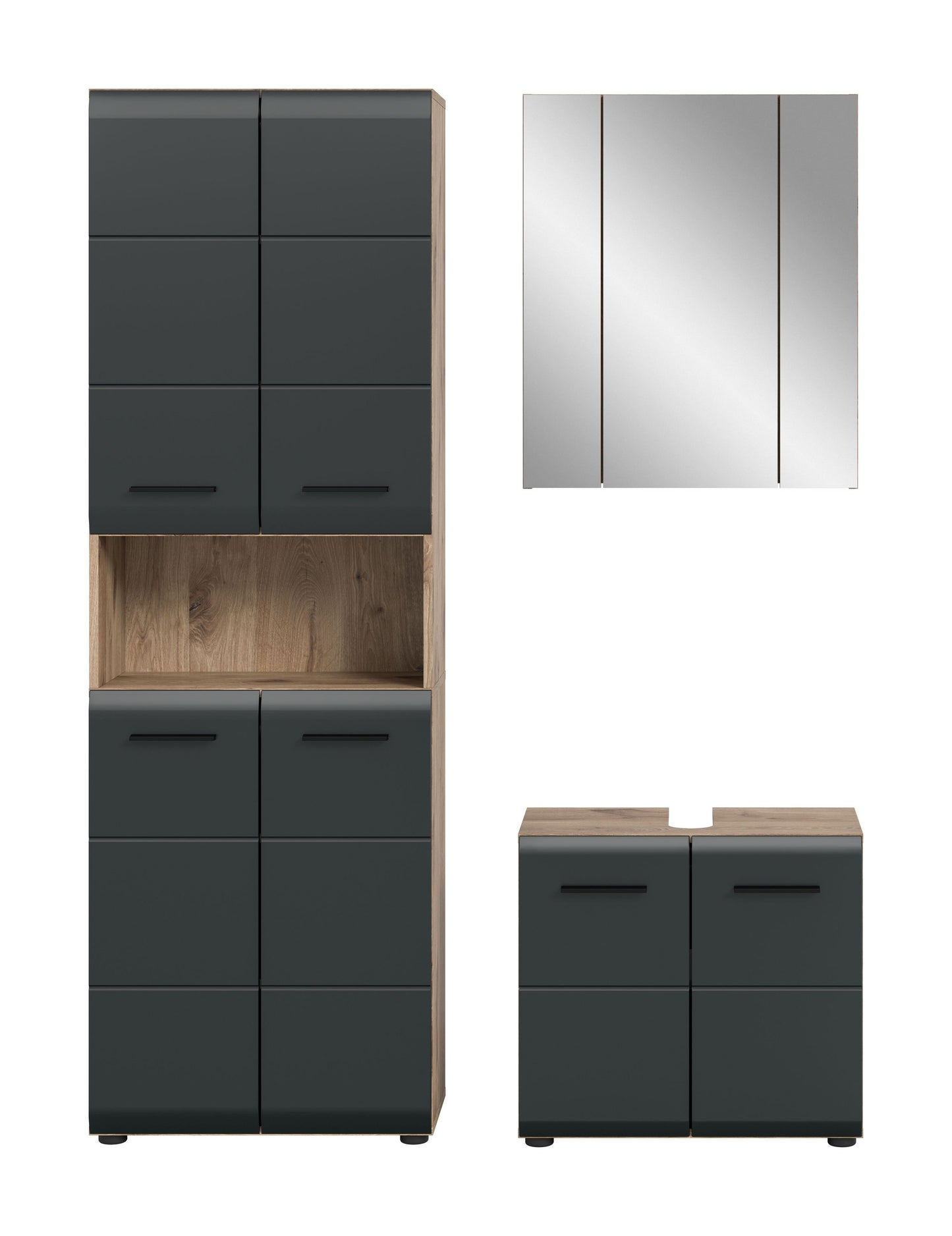Badezimmer-Set in dunkelgrau und Holzdekor: hoher Schrank, Spiegelschrank, Unterschrank