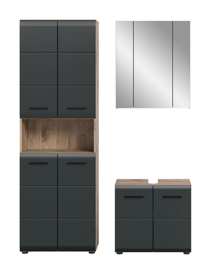Badezimmer-Set in dunkelgrau und Holzdekor: hoher Schrank, Spiegelschrank, Unterschrank