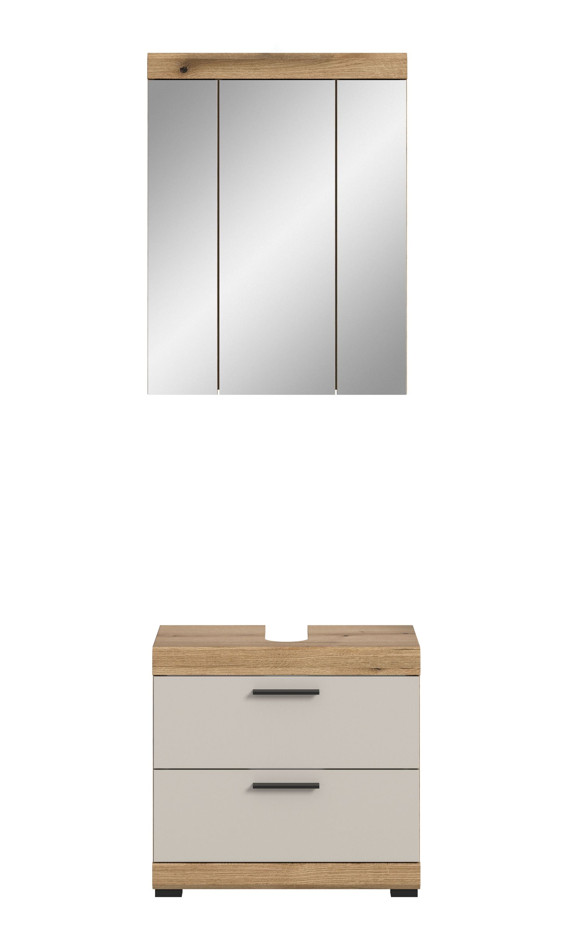 Badschrank mit zwei Schubladen: weiße Fronten, Holzumrandung, zwei schwarze Griffmulden