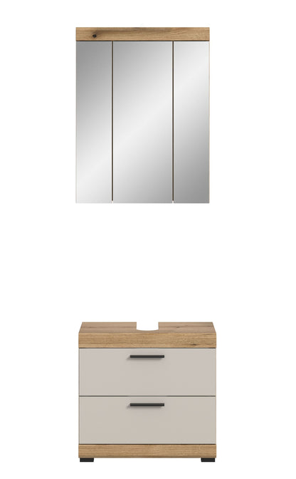 Badschrank mit zwei Schubladen: weiße Fronten, Holzumrandung, zwei schwarze Griffmulden