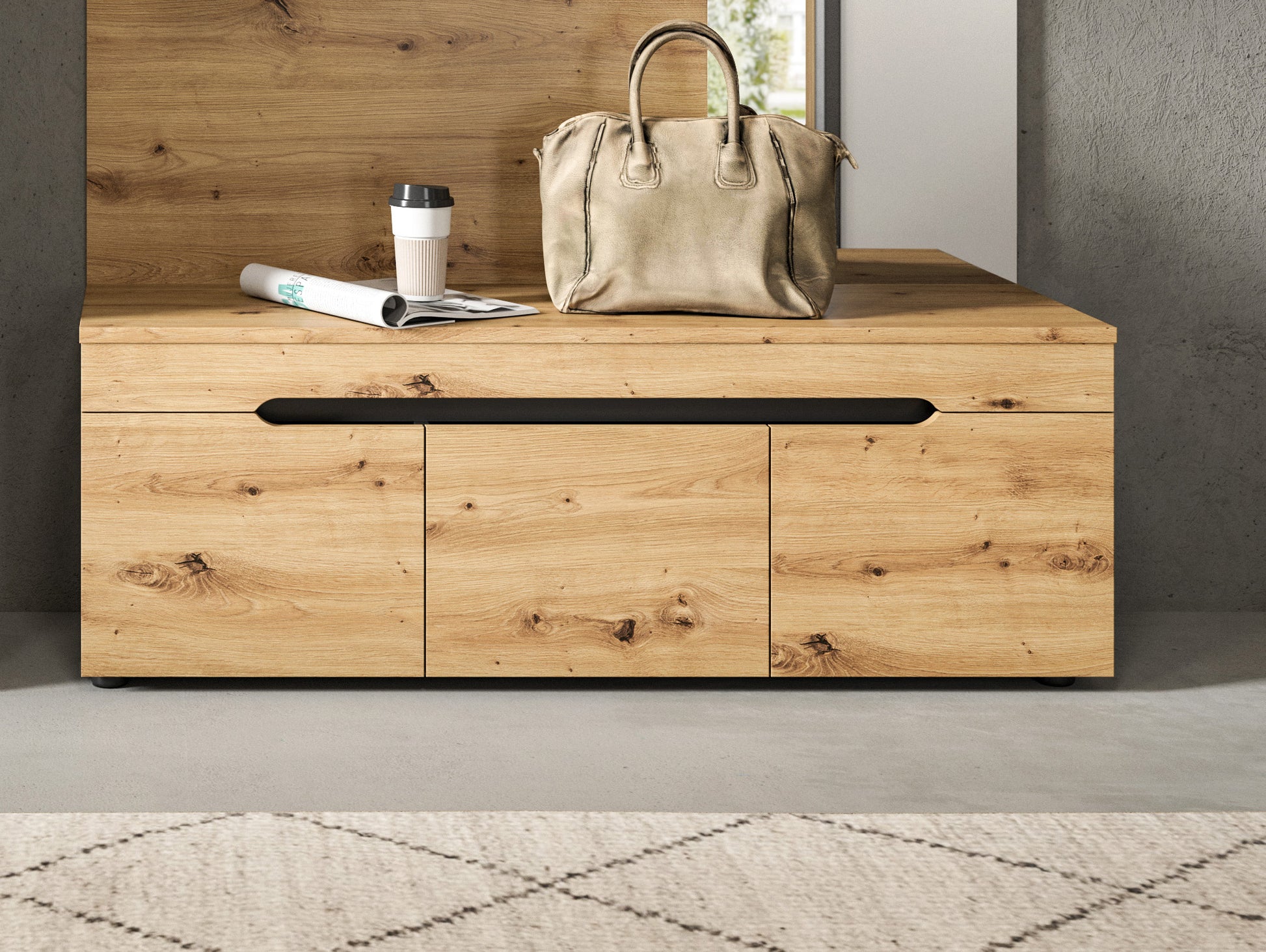 Garderobenbank mit drei Frontfächern, Holzoptik, schwarze Griffleiste