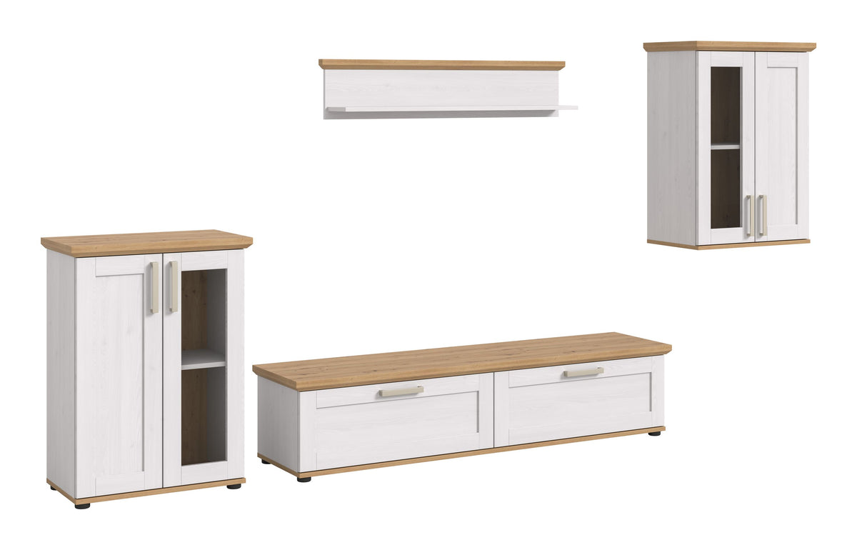 Wohnwand-Set im Set: Lowboard mit zwei Schubkästen und zwei Türen, plus Seitenvitrine